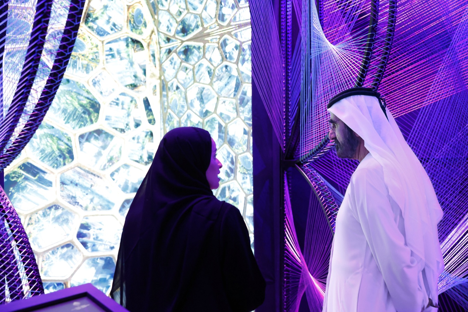 Mohammed bin Rashid Al Maktoum viewing the Dragonfly Thinking exhibition at the World Government Summit