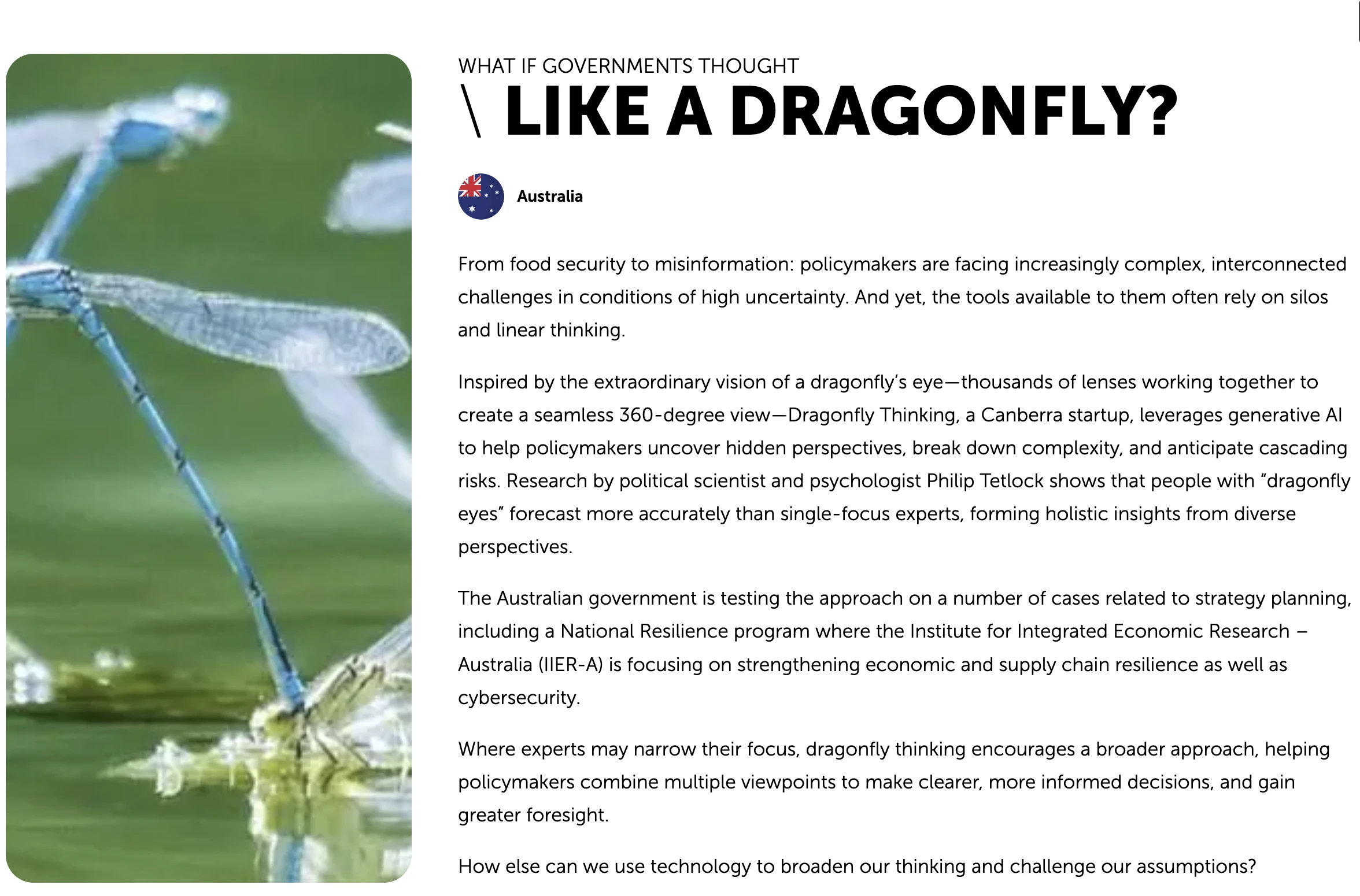 Edge of Government exhibition panel — 'What if governments thought like a dragonfly?'